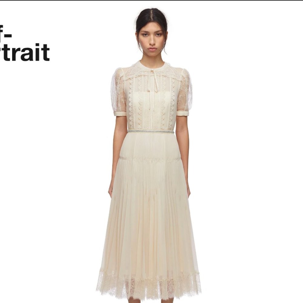 BNWT Self-Portrait Cream Lace Trim Pleated Midi Dress